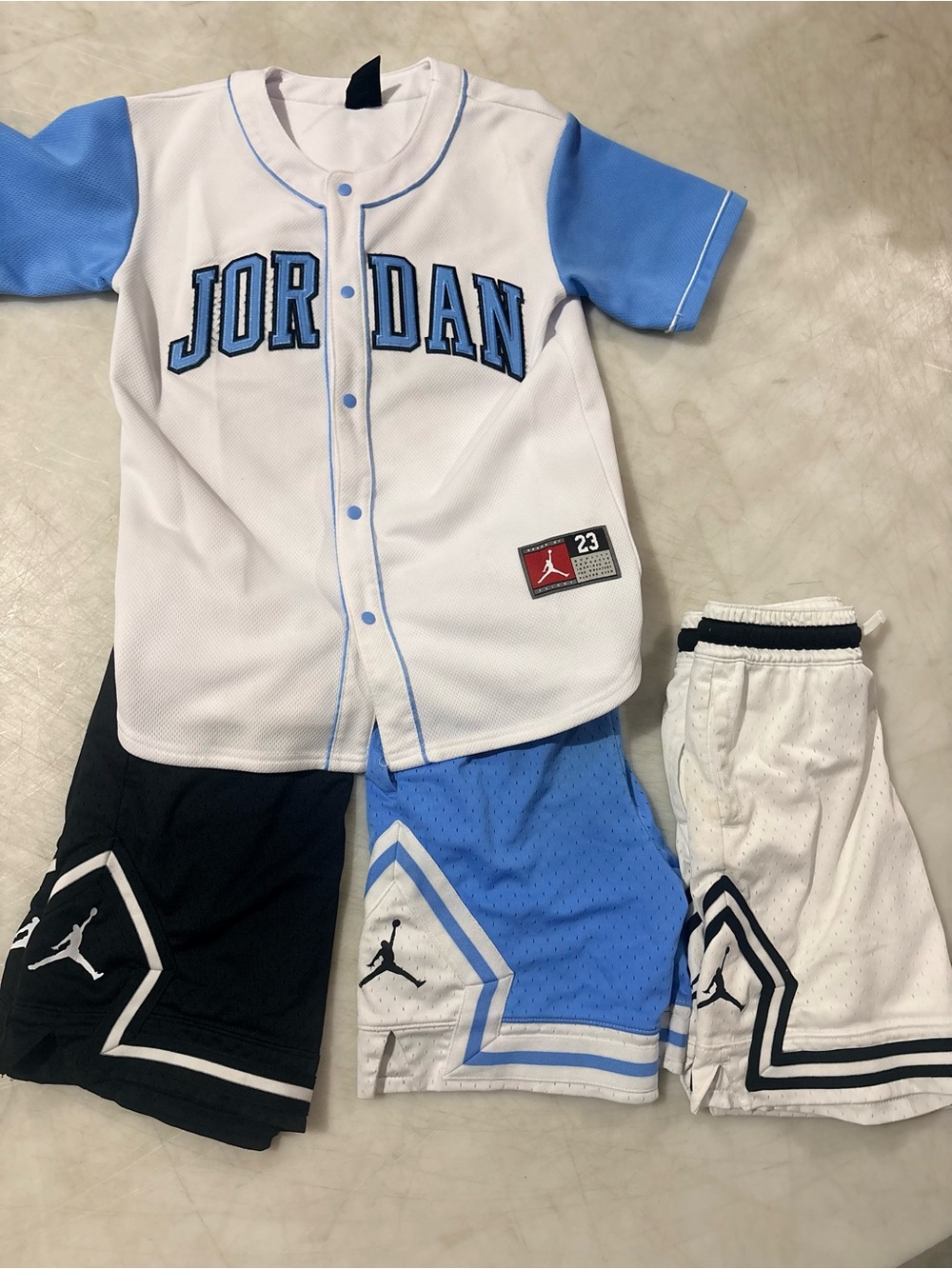 Jordan White & Light Blue Kids Baseball Jersey with Shorts